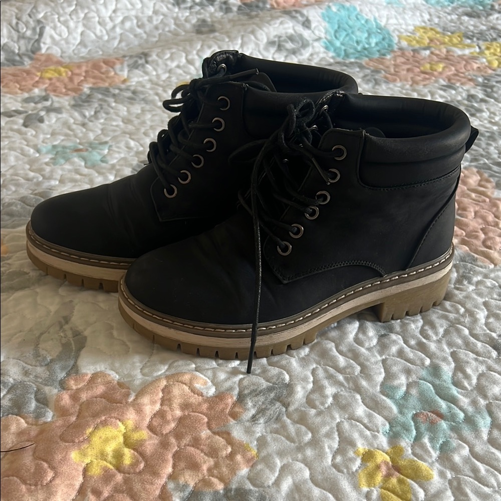 Black Lace-Up Ankle Boots with Tan Soles
